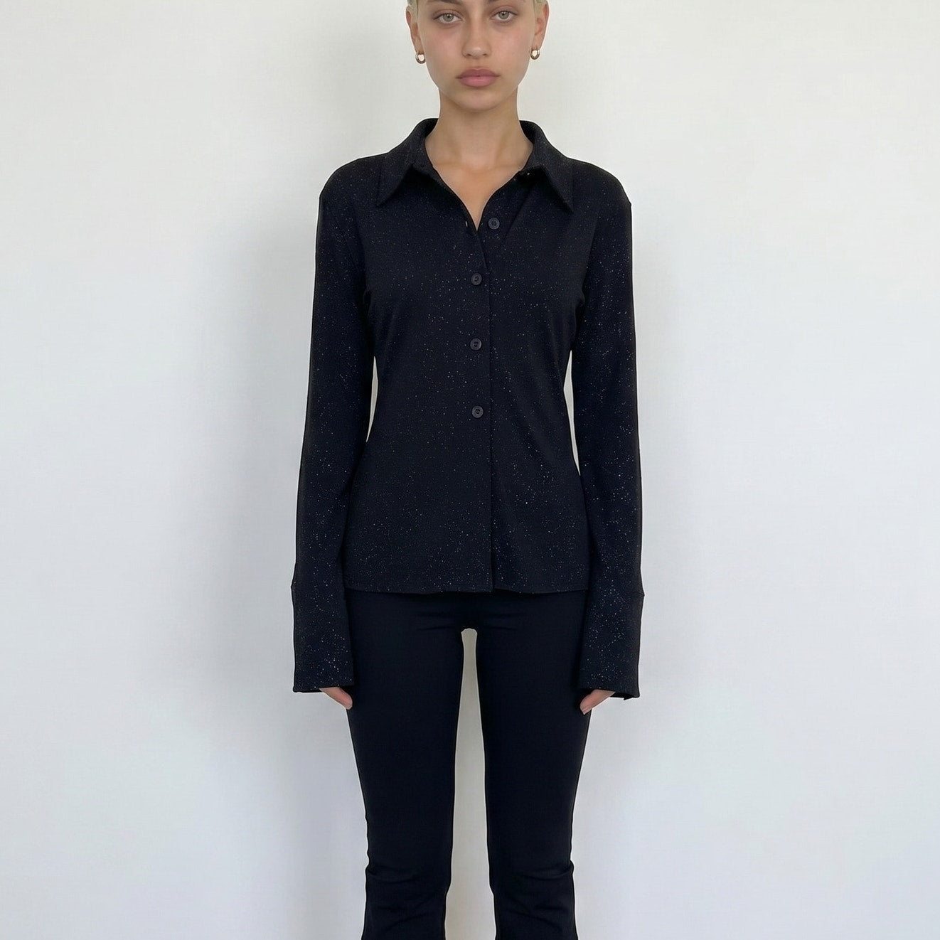 Vintage euro Y2K black slinky mesh shimmer button up top (M)