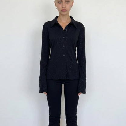 Vintage euro Y2K black slinky mesh shimmer button up top (M)