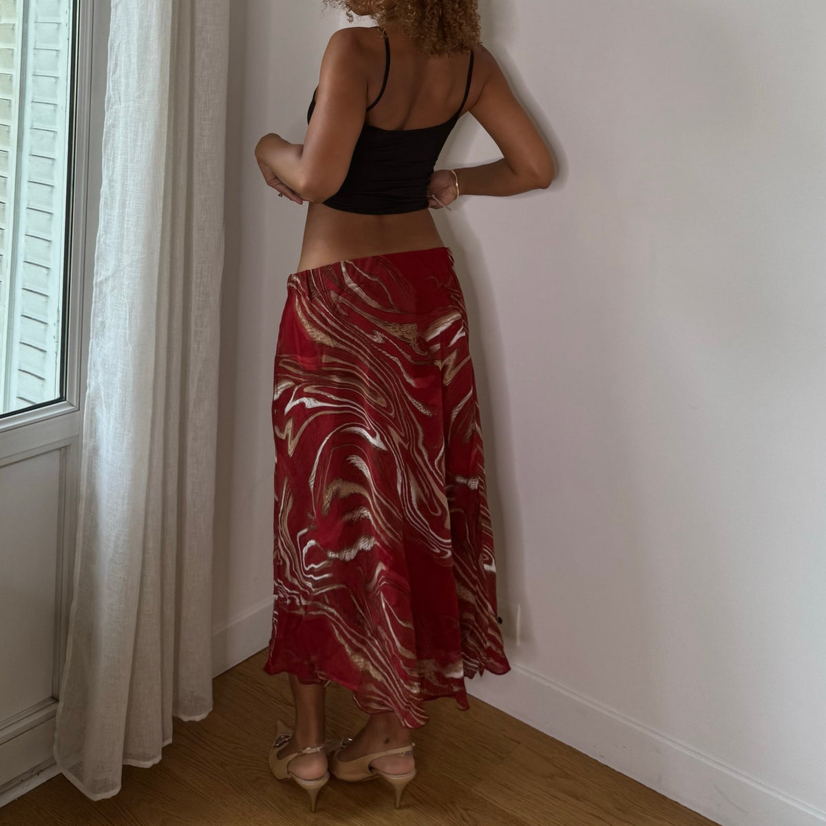 Vintage Red Abstract Print Mesh Midi Skirt (S/M)