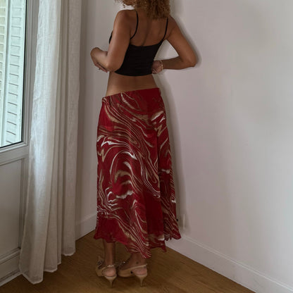 Vintage Red Abstract Print Mesh Midi Skirt (S/M)