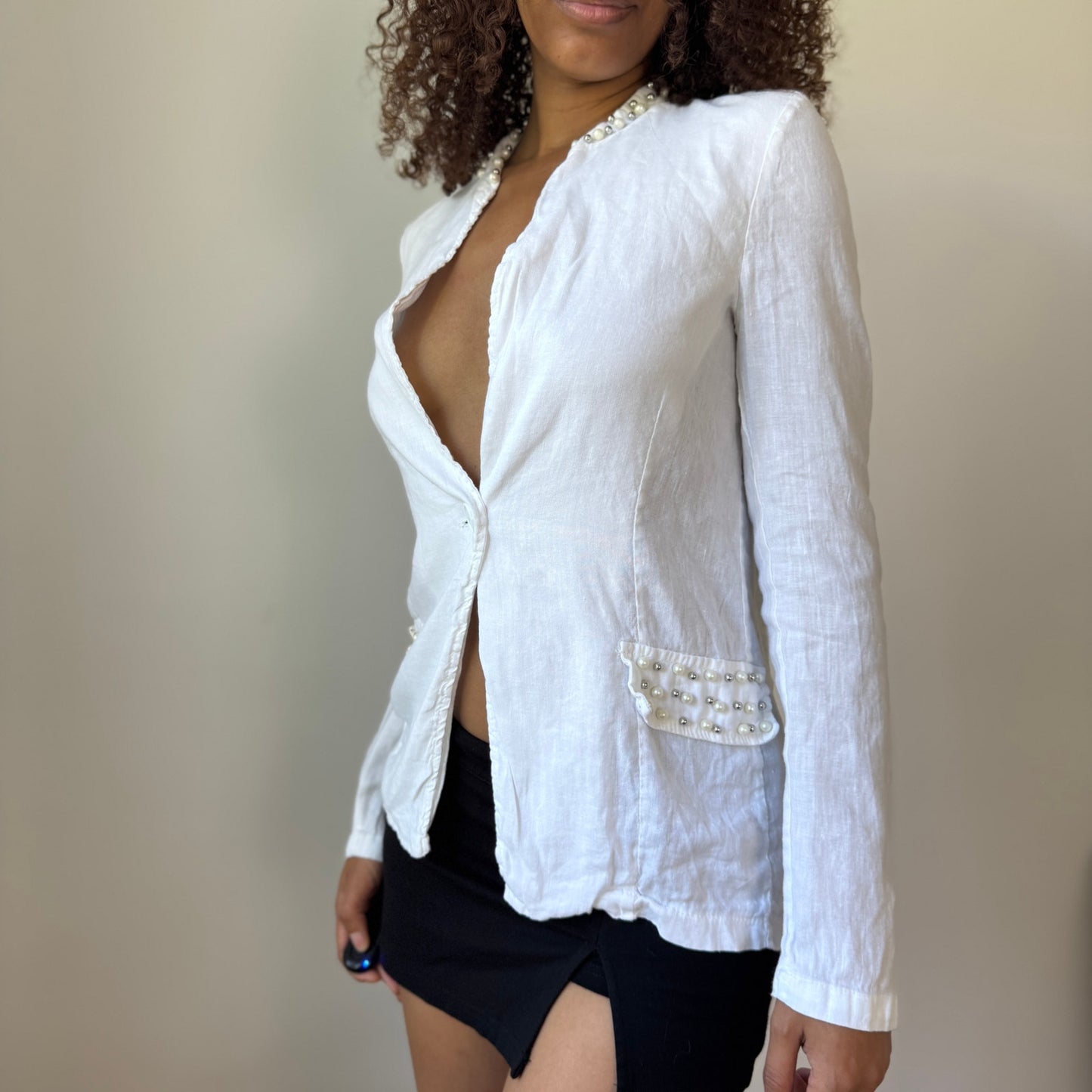Vintage Euro White Linen Blazer with Pearl and Stud Detail (S)