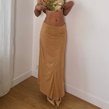 Italian vintage camel brown low-rise maxi skirt with asymmetric hem