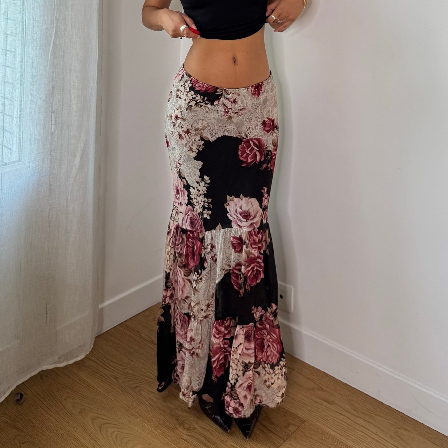 Vintage Black Dusty Pink Burgundy Rose Floral Mesh Maxi Skirt Euro Y2K (S)