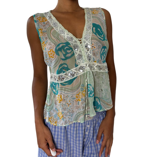 Vintage Italian Sequin-Lace Mesh Tie-Front Top (M/L)