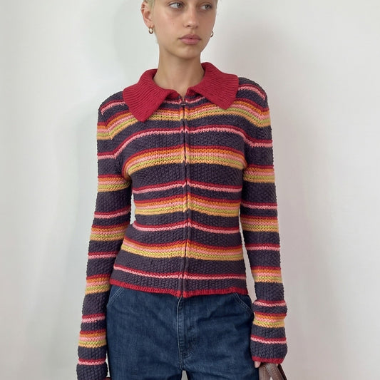 Vintage Italian Multicolor Stripe Knit Cardigan Wool Blend Y2K Zip Up (S/M)