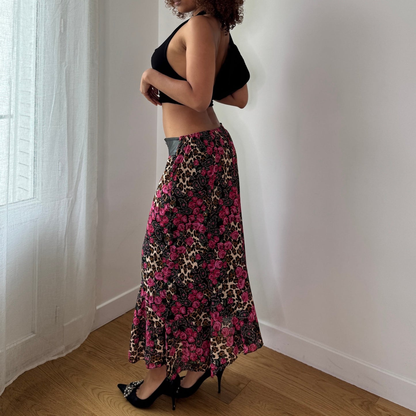 Vintage French Floral Leopard Mesh Midi Skirt Y2K Lace Up Skirt (S) ⠀