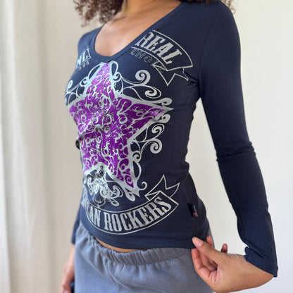 Vintage Italian Rhinestone Graphic Top Y2K Rocker Slinky Tee (S)