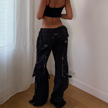 Euro Vintage Black White Pinstripe Low Rise Wide Leg Cargo Pants with Zipper Pockets & Buckle Strap Details
