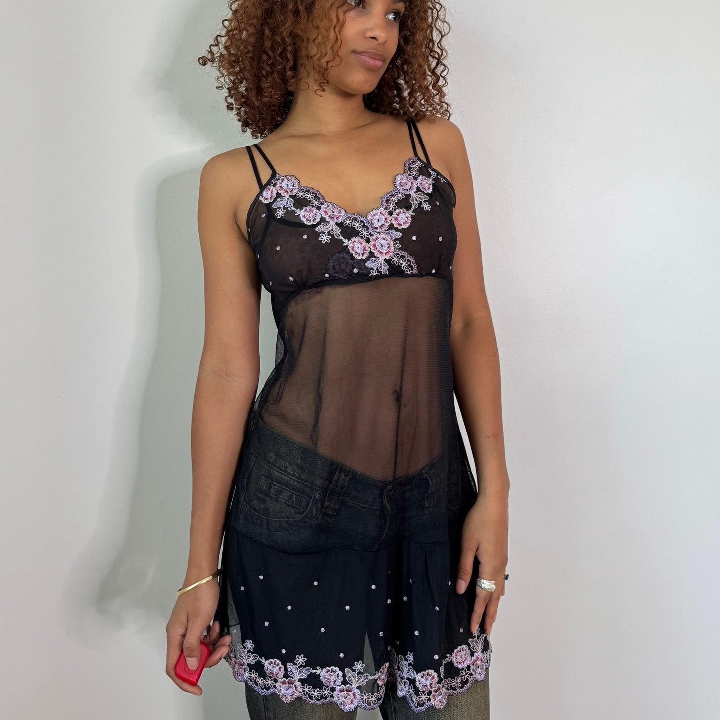 Vintage Black Pink Floral Embroidered Sheer Mesh Babydoll Cami Top (S/M)