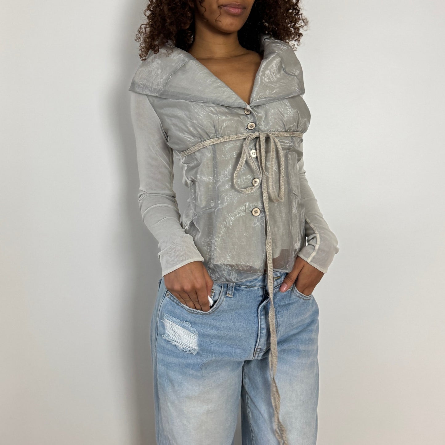 Vintage euro silver grey organza tie front semi sheer long sleeve top with draped collar and button front (S)