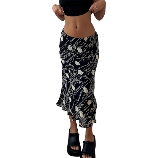 Vintage black mesh swirl print midi skirt double lined sheer overlay Y2K Italy (S)