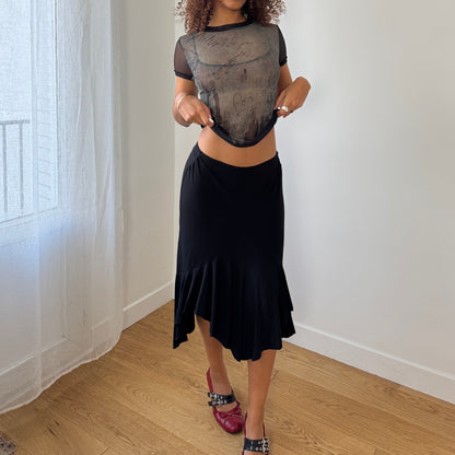 Vintage Euro black asymmetric ruffle-hem stretch midi skirt (Small)