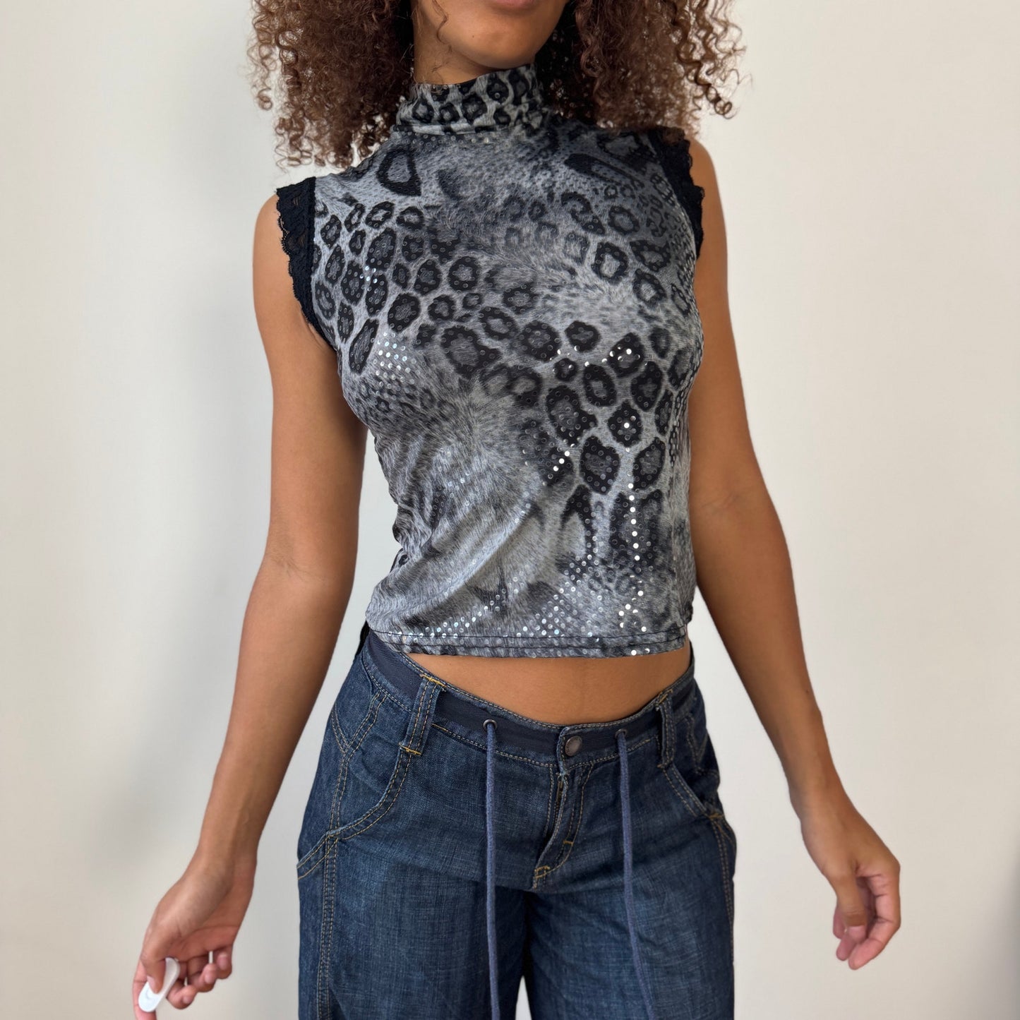 French Vintage Slinky Leopard Shimmer Mock-Neck Top (S/M)