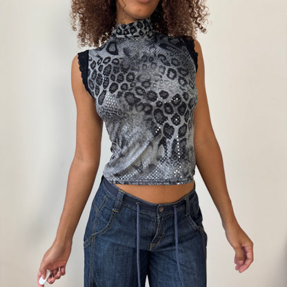 French Vintage Slinky Leopard Shimmer Mock-Neck Top (S/M)