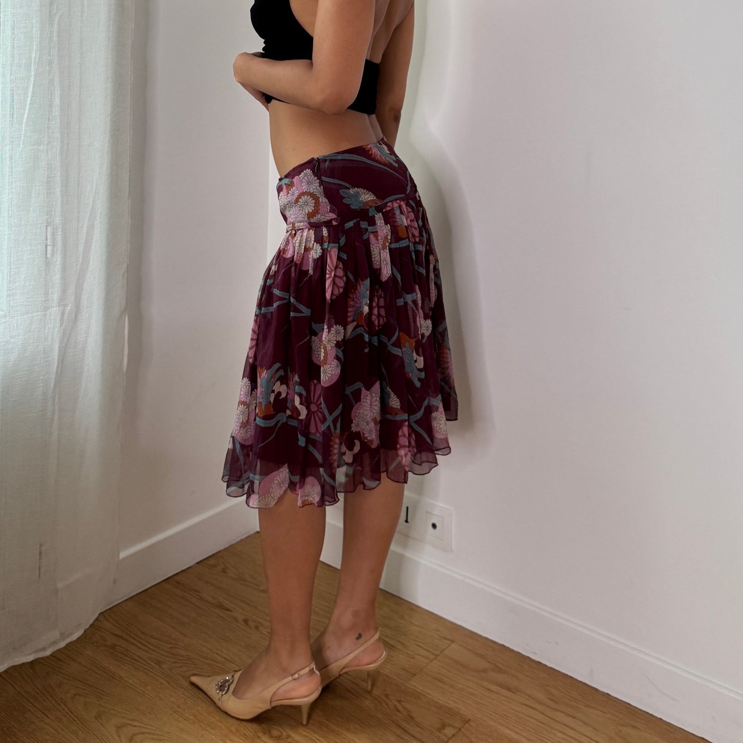 Vintage Sisley Burgundy Floral Silk Mesh Skirt (S) ⠀