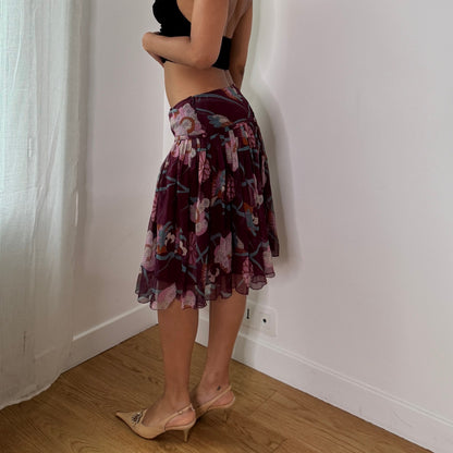Vintage Sisley Burgundy Floral Silk Mesh Skirt (S) ⠀