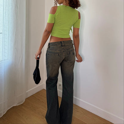 Vintage Lime Green Layered Cold Shoulder Top Italian Y2K (S)