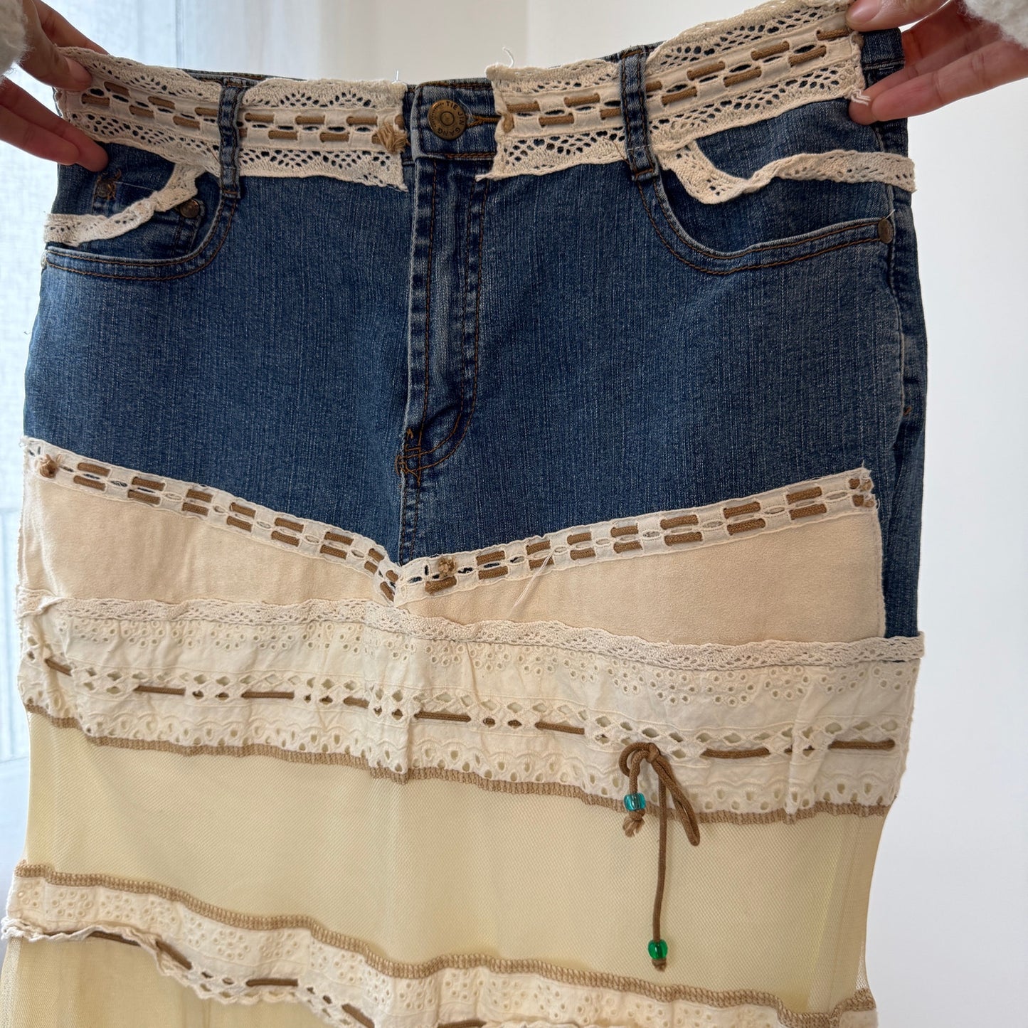 Vintage French denim and lace patchwork low-rise maxi skirt (Small)