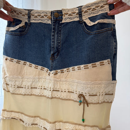Vintage French denim and lace patchwork low-rise maxi skirt (Small)