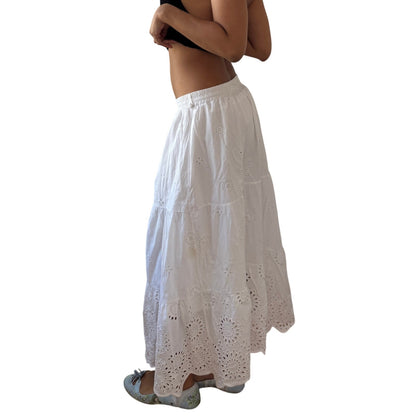 Vintage White Cotton Eyelet Broderie Maxi Skirt Elastic Waist Y2K Italian (S)