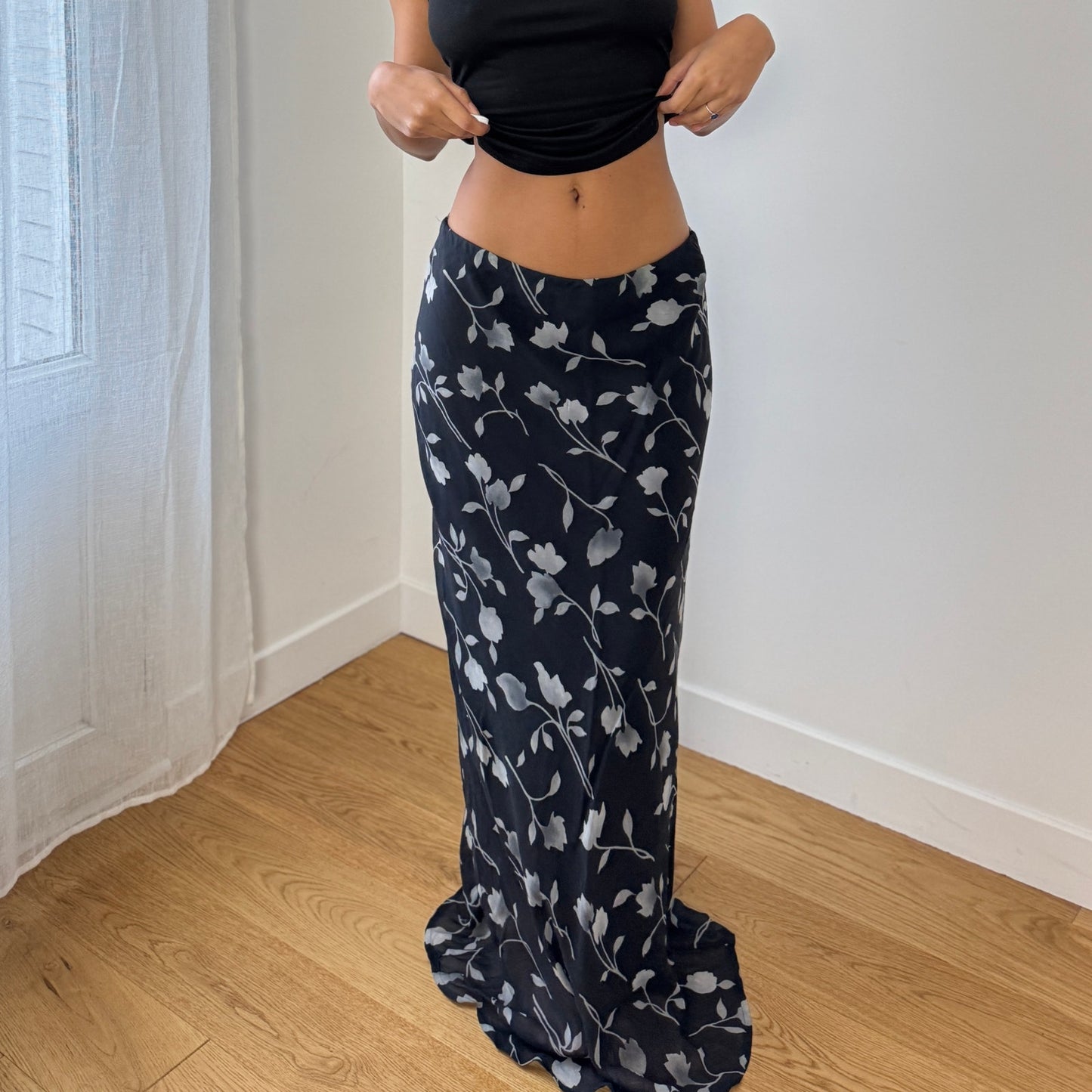 Vintage Euro Black Floral Mesh Maxi Skirt Sheer Layered Hem (S)