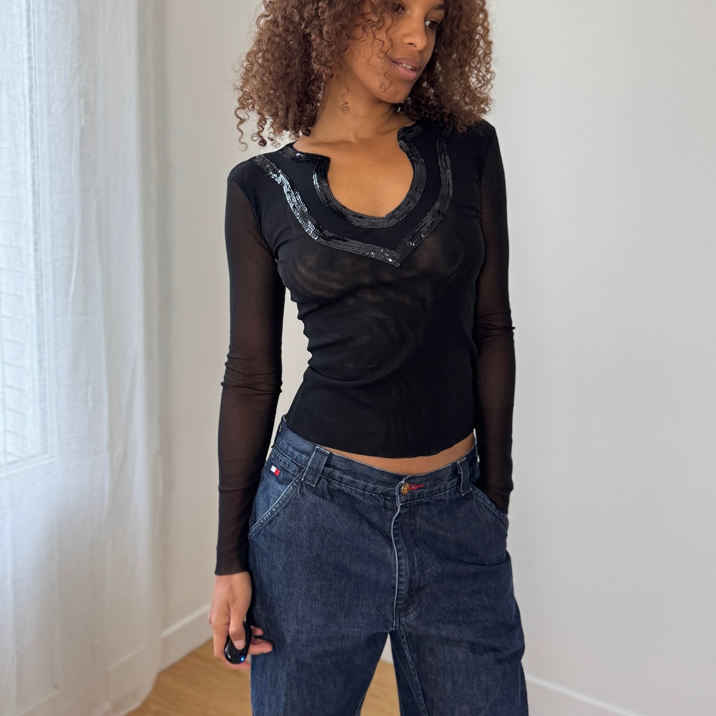 Vintage Euro Black Mesh Long-Sleeve Top with Sequin V-Neck (XS/S)