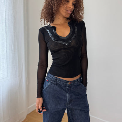 Vintage Euro Black Mesh Long-Sleeve Top with Sequin V-Neck (XS/S)