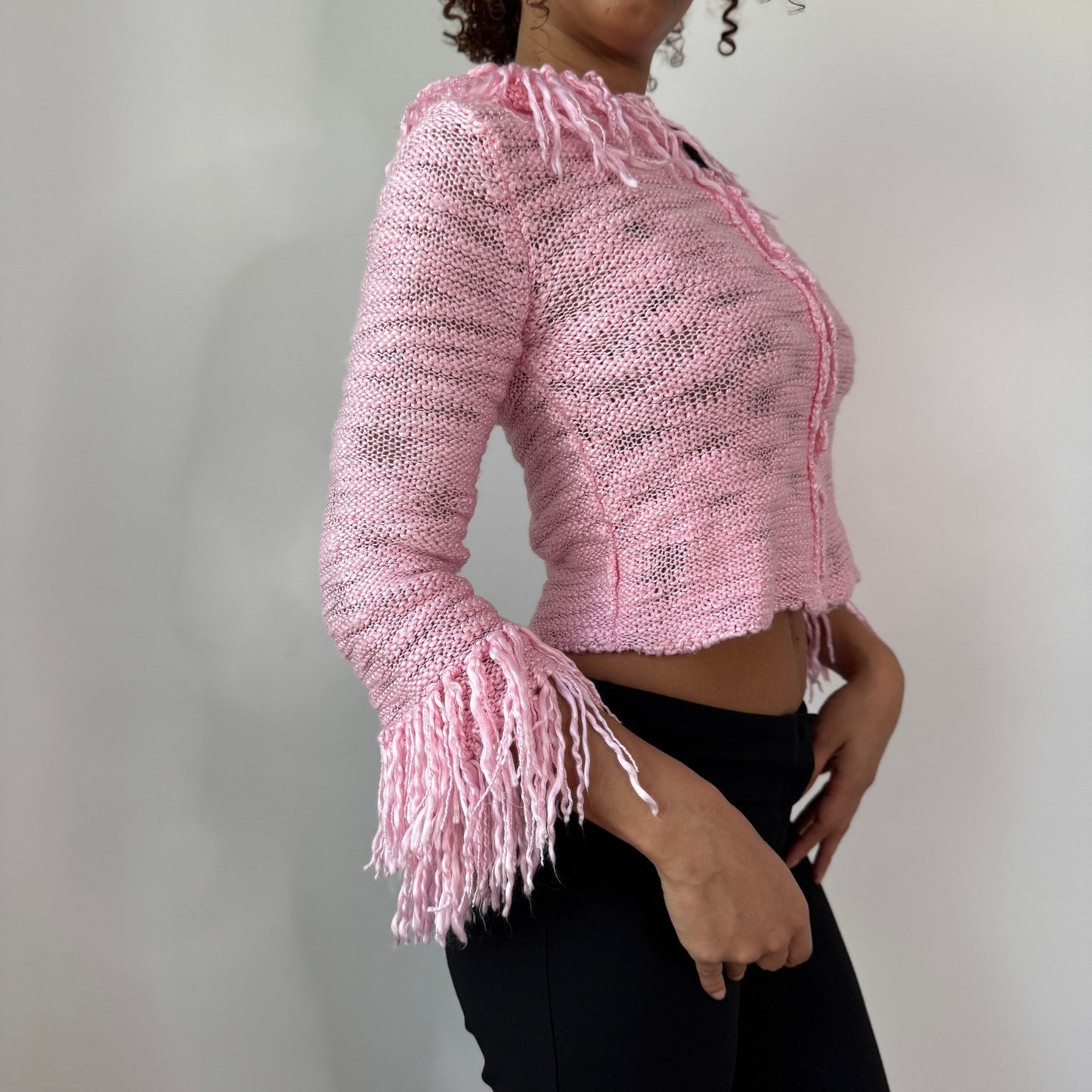 Vintage Pink Fringe Knit Cropped Jacket Zip Up Y2K Euro (XS/S)