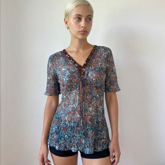 Vintage Multicolor Paisley Sequin Mesh Blouse Euro Y2K (S/M)