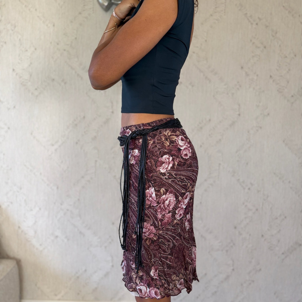 French vintage Y2K burgundy pink floral paisley mesh pencil skirt with braided fringe belt