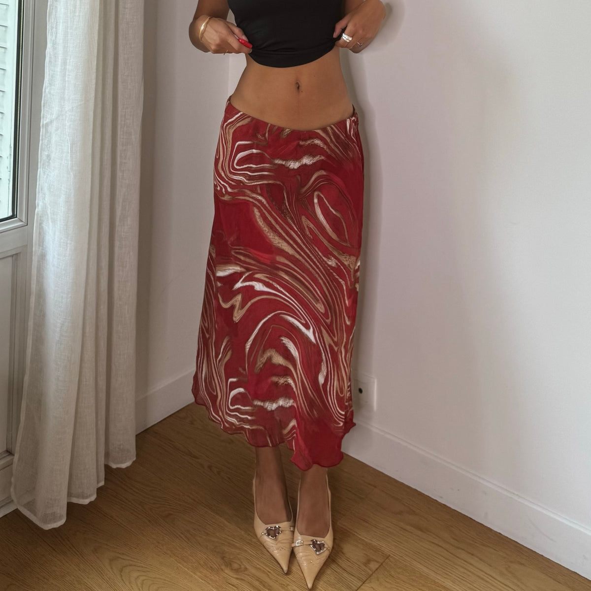 Vintage Red Abstract Print Mesh Midi Skirt (S/M)
