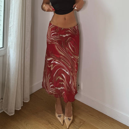 Vintage Red Abstract Print Mesh Midi Skirt (S/M)