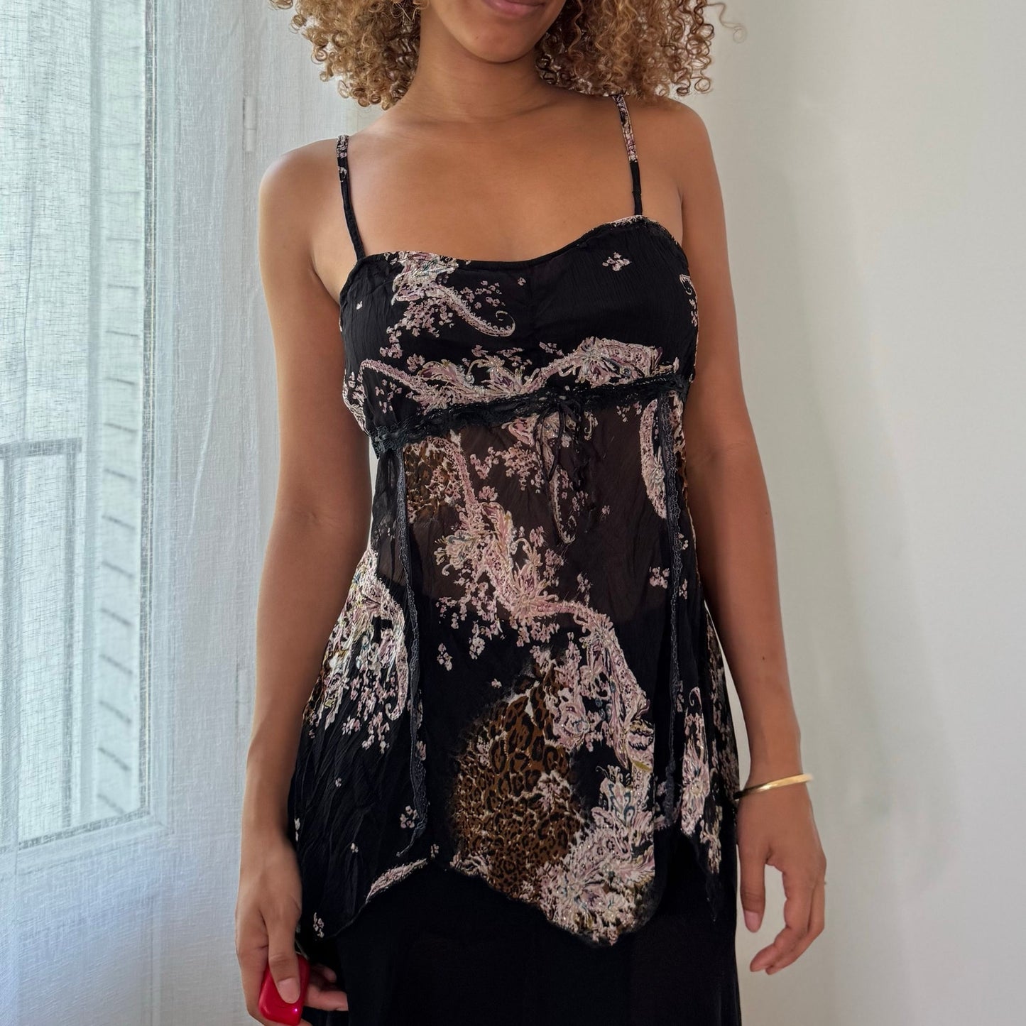 Vintage Black Paisley Mesh Cami Top Sheer Italian Y2K (M)