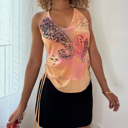 Vintage Peach Orange Pink Paisley Layered Mesh Halter Top Italian Y2K (S/M)