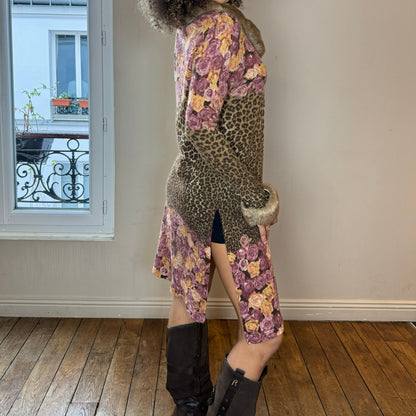 Vintage 90s knit cheetah print maxi cardigan with fur trim (S/M) grunge euro