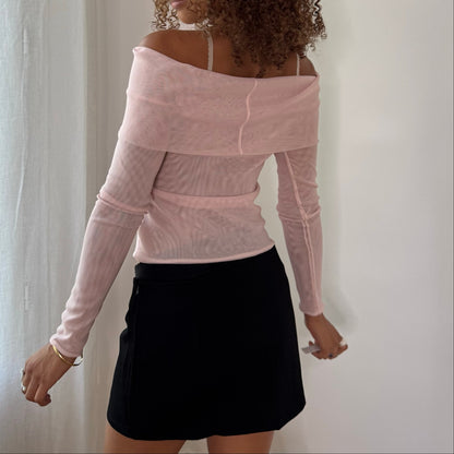 Vintage Baby Pink Off Shoulder Sheer Mesh Long Sleeve Top Italian Y2K (S)