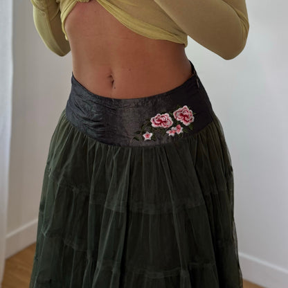 Vintage Italian Olive Green Floral Embroidered Tulle Midi Skirt Y2K (XS/S)