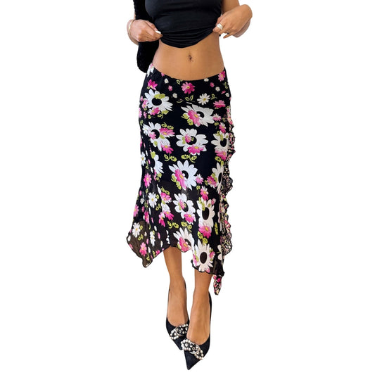 Vintage Italian Black Daisy Floral Mesh Midi Skirt Asymmetrical Ruffle Trim (S)
