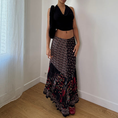 Vintage Y2K Black Red Patchwork Mesh Maxi Skirt with Mixed Floral Plaid Print (S) ⠀