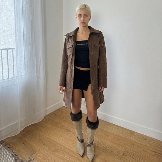 Vintage Brown Genuine Leather Coat Button Front Tailored 90s (S)