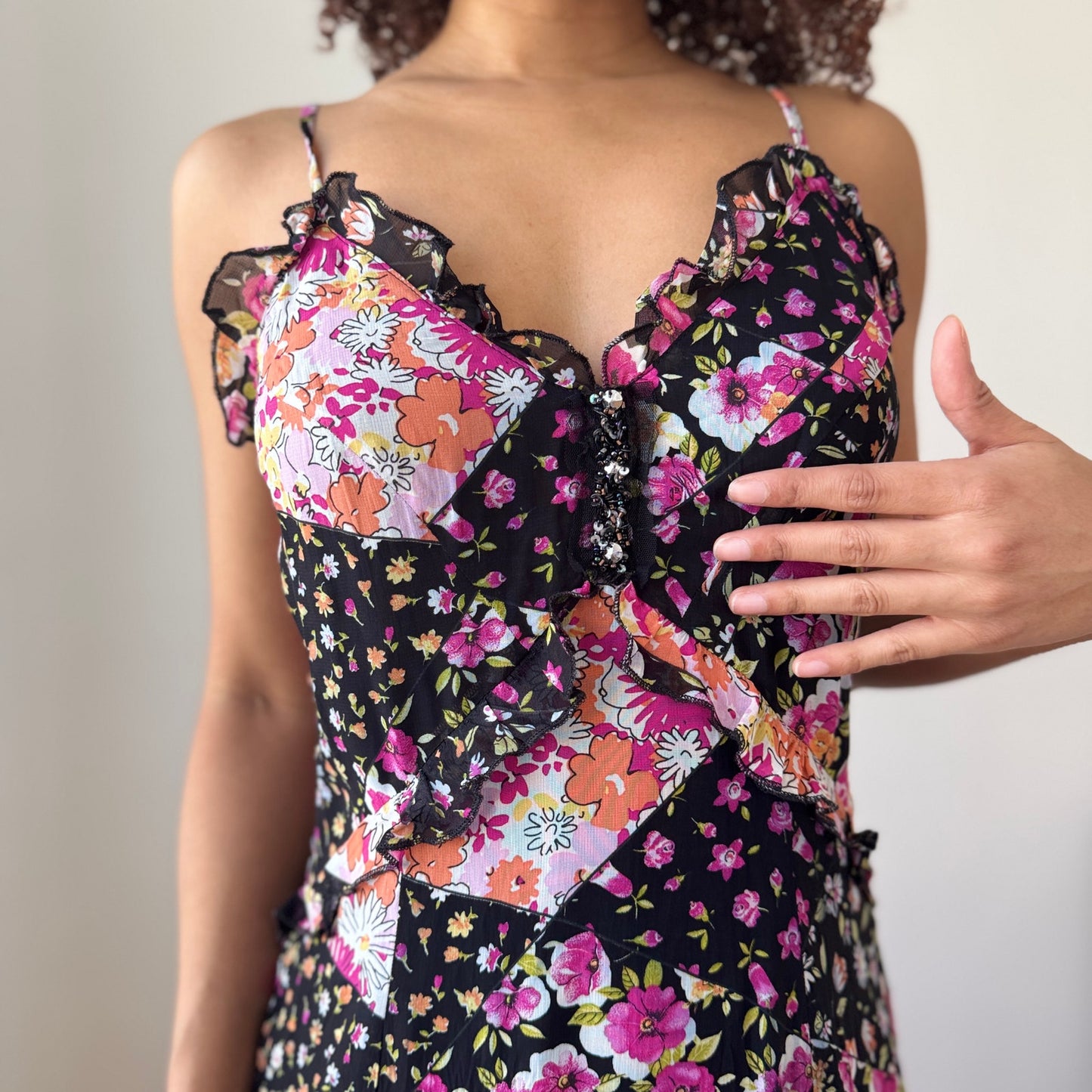 Vintage Italian Patchwork Floral Mesh Dress with Ruffle Hem (M)