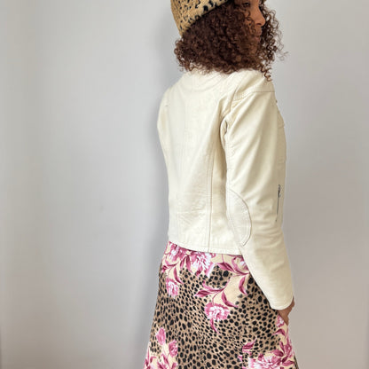 Vintage Euro ivory leather moto zip jacket with buckle collar (Small)