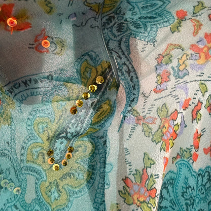 Euro Vintage Turquoise Orange Floral Paisley Sequin Mesh Tiered Ruffle Midi Skirt