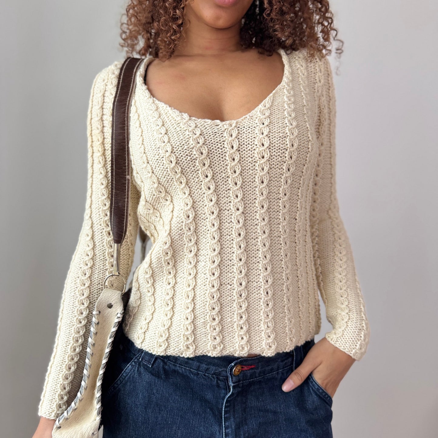 Vintage Italian Cream Cable Knit Sweater Fitted Stretch Knit (S)