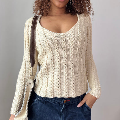 Vintage Italian Cream Cable Knit Sweater Fitted Stretch Knit (S)