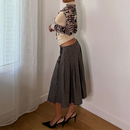 Italian vintage grey wool blend midi skirt with side button closure and flared A-line silhouette