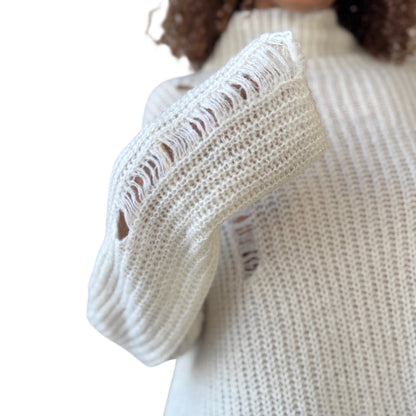 Vintage Italian ivory mohair blend distressed rib knit turtleneck sweater one size