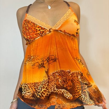 Vintage 00s Orange Cheetah graphic Micro Mesh Cami Tank (S)