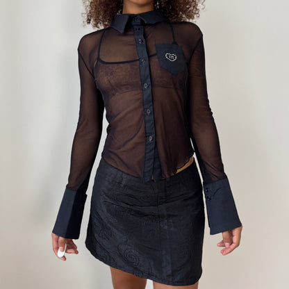Italian Mesh Sheer Button-Up with Rhinestone Pocket (Small)