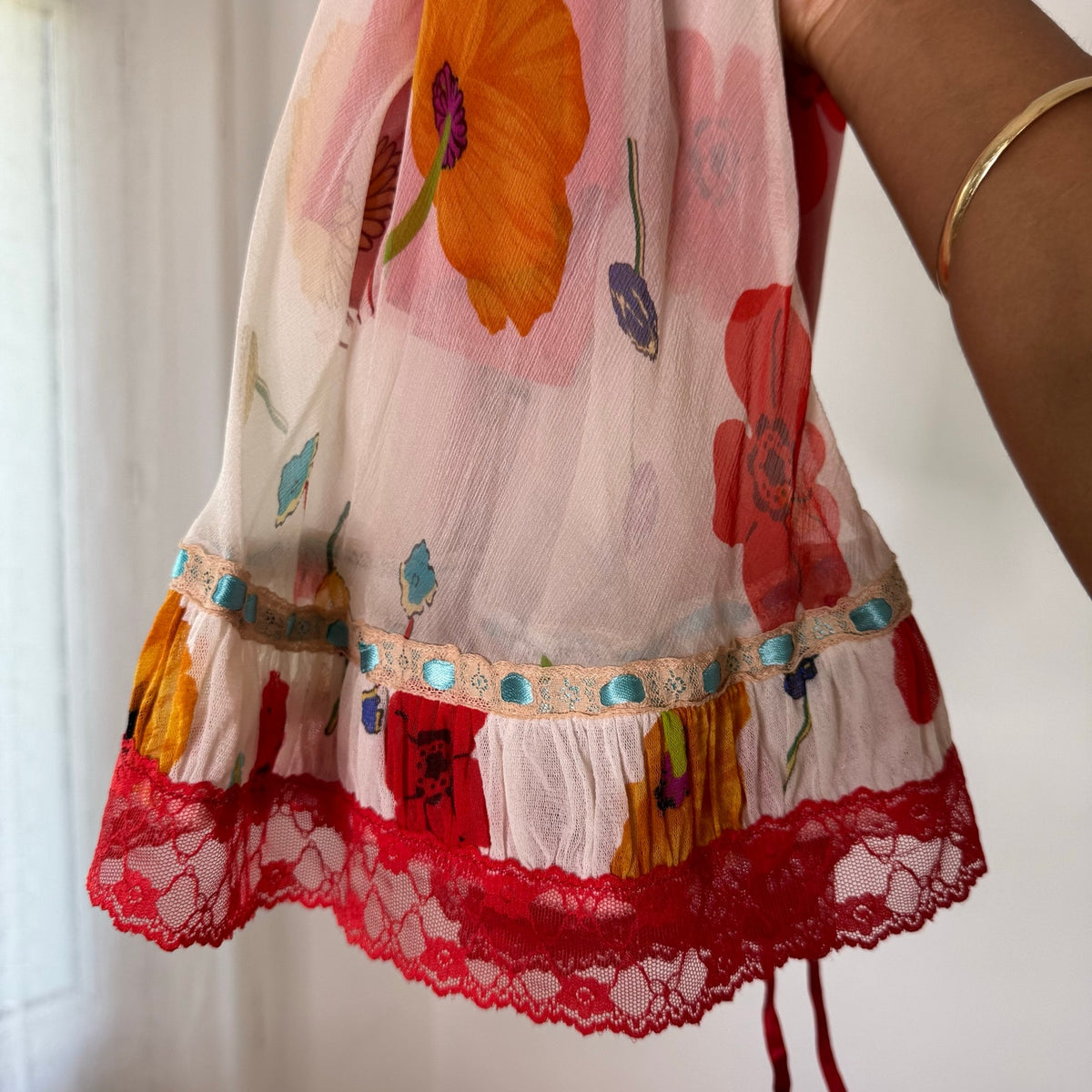 Twin-Set Italian Vintage Pink Red Floral 100% Silk Mesh Midi Skirt with Lace Ruffle Hem